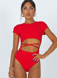 side view of model wearing Princess Polly Nicola Bodysuit Red Short Sleeves 