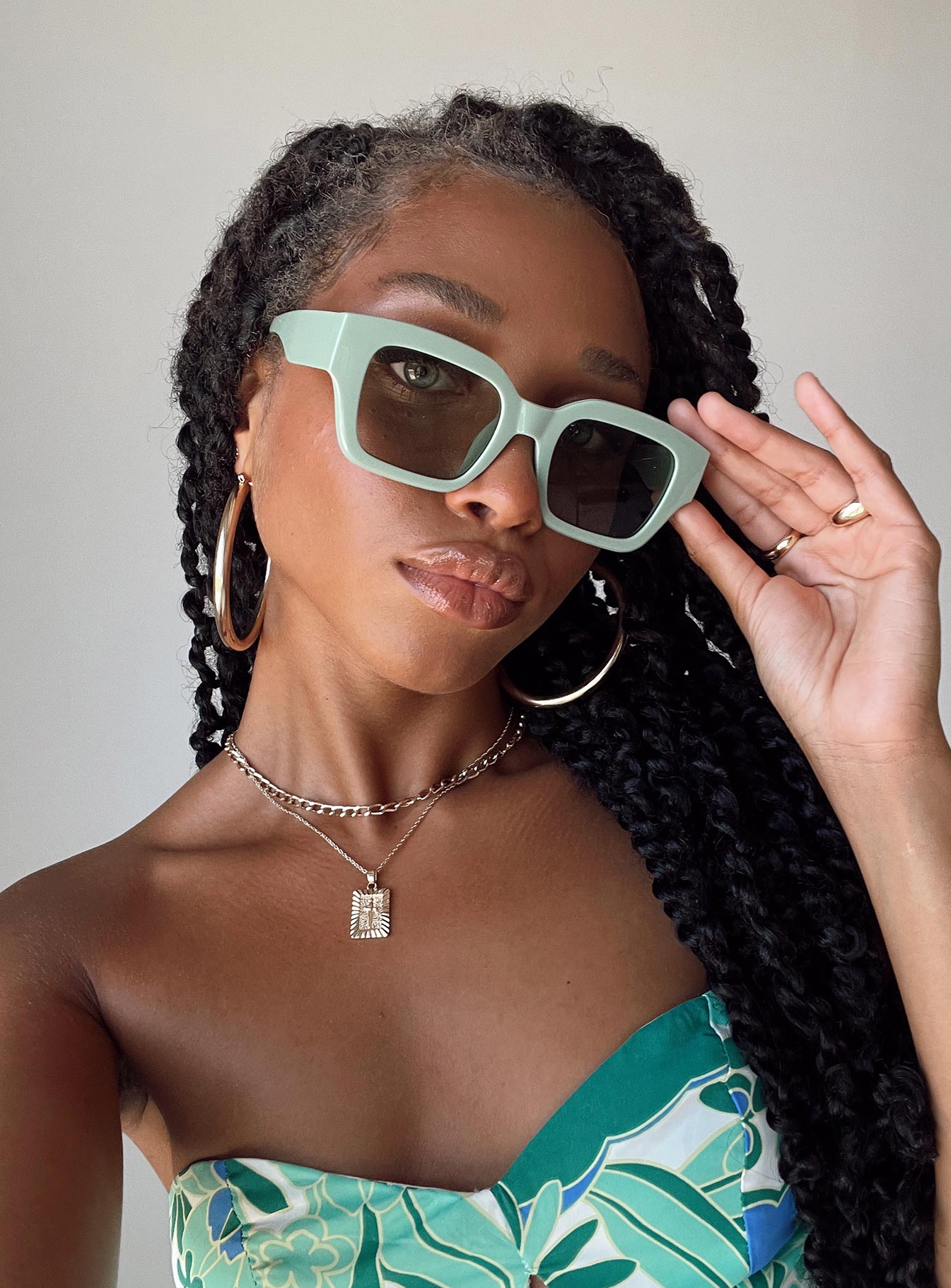 Sunglasses Oversized frame  Green tinted lenses Moulded nose bridge  