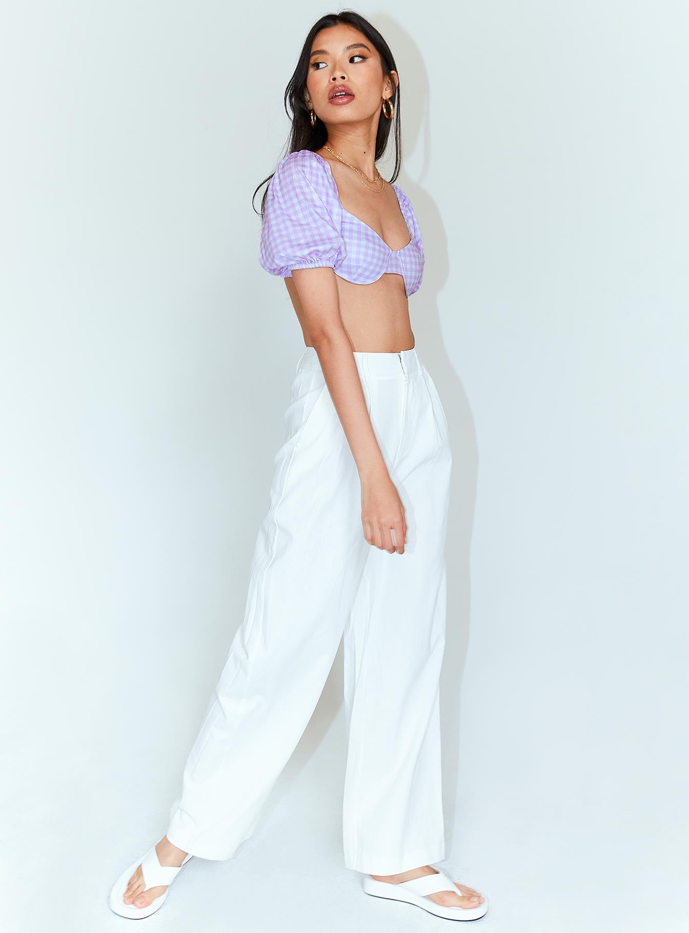 front view of model wearing Princess Polly Ayla Linen Pants White 