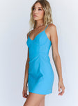 side view of model wearing Princess Polly Novella Mini Dress Blue 