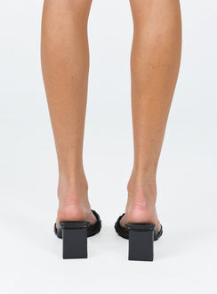 Black heels Faux leather material  Woven upper  Square toe  Shaved block heel  Padded footbed 