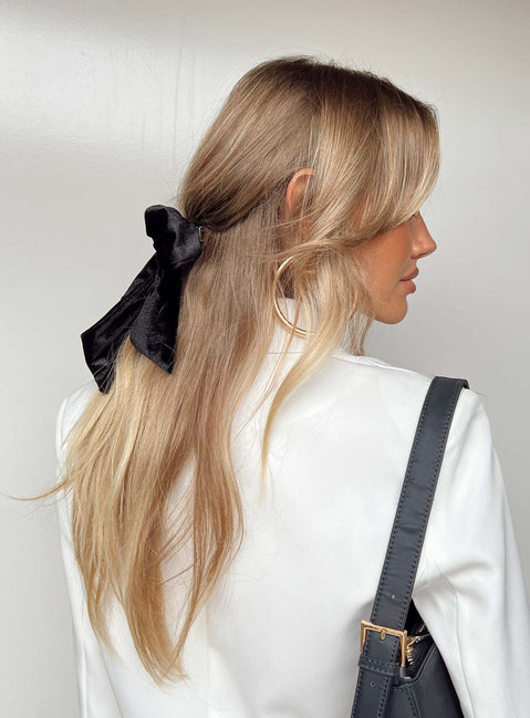 Black Bow hair clip  90% polyester 5% spandex 5% iron Velour material  Silver-toned hardware  Snap slip fastening