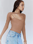 side view of model wearing Princess Polly Calla Long Sleeve Bodysuit Brown Full Sleeves Crew Neck 