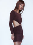 side view of model wearing Princess Polly Henley Mini Dress Brown 