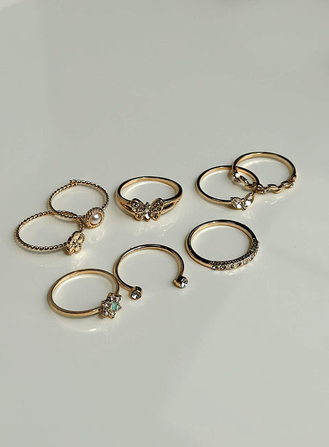 Ring pack Gold toned Pack of eight Thin bands Diamante detail Lightweight