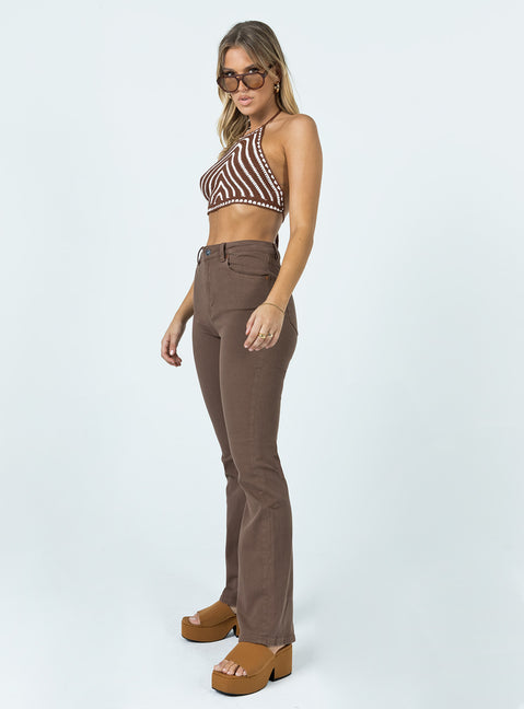 side view of model wearing Princess Polly Motel Bootleg Jeans Rich Brown High Waisted 