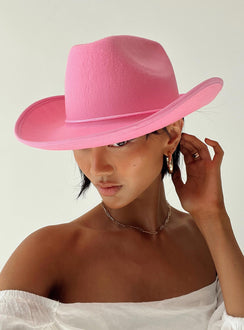 Pink cowboy hat Faux felt material Adjustable chin tie Wide stiff brim Creased crown 