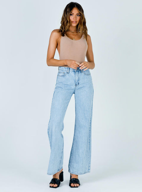 front view of model wearing Princess Polly Yolando Bodysuit Beige Sleeveless Scoop Neck 