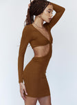 side view of model wearing Princess Polly Sabella Mini Dress Brown 