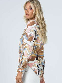 side view of model wearing Princess Polly Effie Shirt Brown Multi 