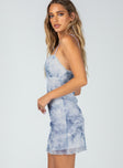 side view of model wearing Princess Polly Chester Mini Dress Tie Dye Blue 