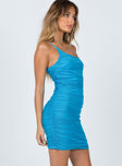 Front view of model wearing  front Princess Polly Asymmetric Neckline  Jocasta Mini Dress Turquoise