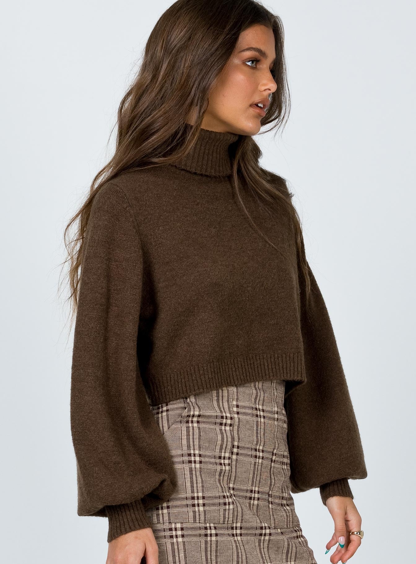 back view of model wearing Princess Polly Zahara Cropped Turtleneck Sweater Brown Cropped 