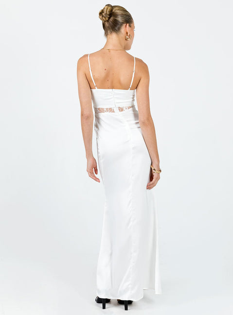 back view of model wearing Princess Polly Roselle Maxi Dress White V-Neck 
