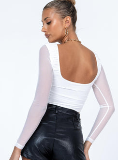 back view of model wearing Princess Polly Lillian Long Sleeve Top White Full Sleeves V-Neck 