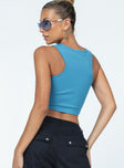 back view of model wearing Princess Polly Karli Top Blue Sleeveless Crew Neck 