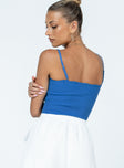 Blue slim fitting crop top Soft knit material Adjustable shoulder straps