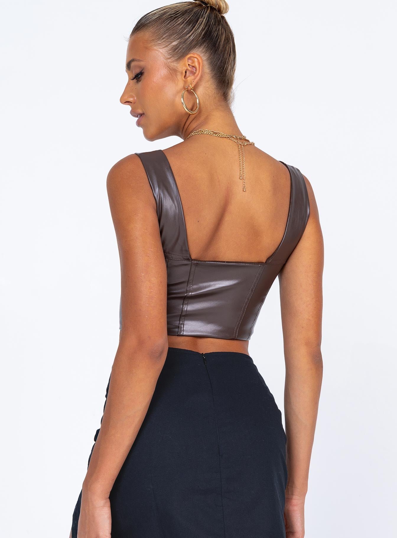 back view of model wearing Princess Polly Tatum Top Brown 
