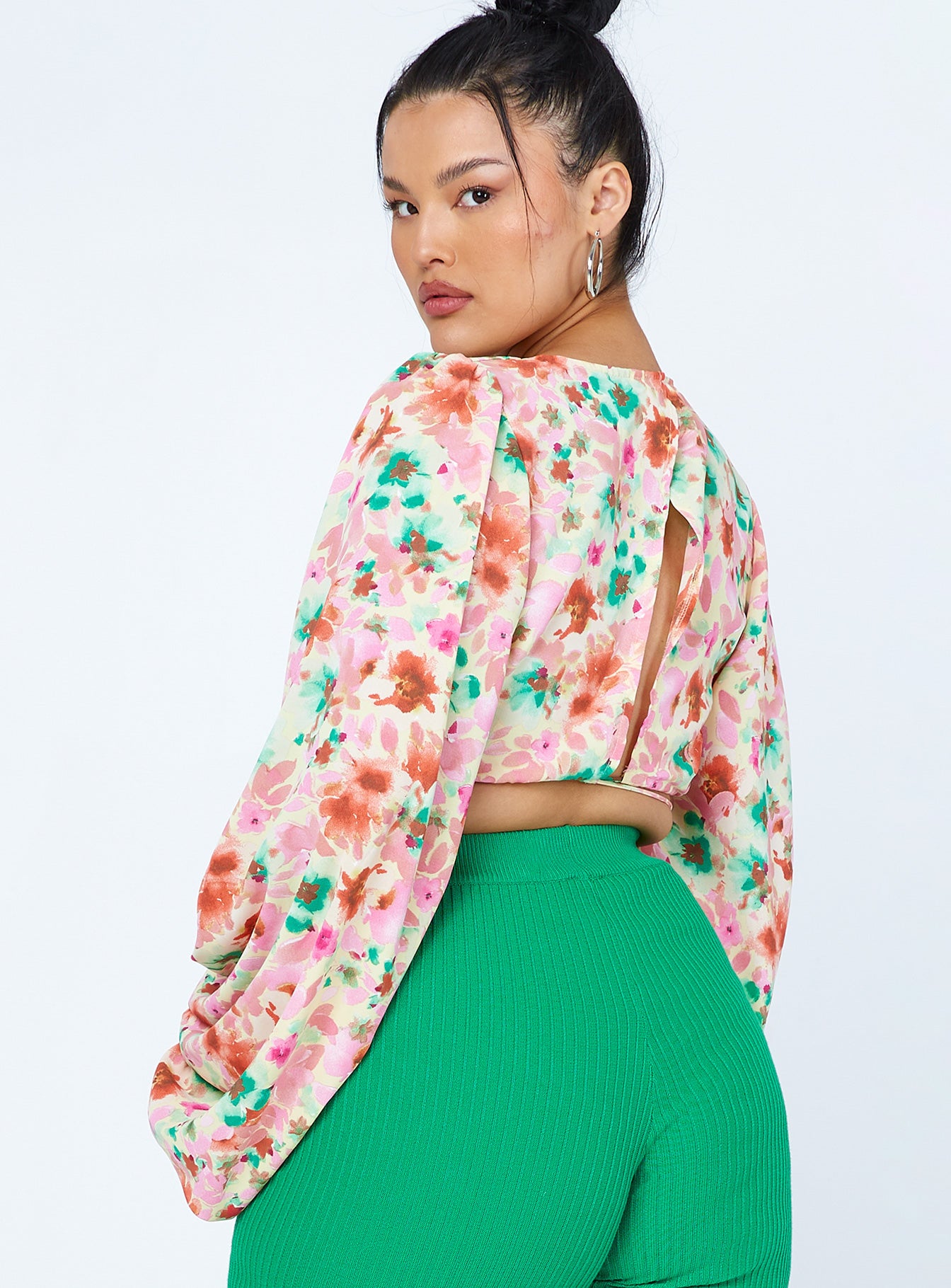 back view of model wearing Princess Polly Antonio Long Sleeve Top Pink Floral 