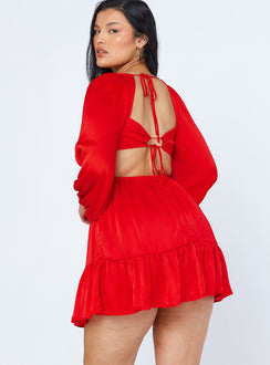 back view of model wearing Princess Polly Tropez Long Sleeve Mini Dress Red 