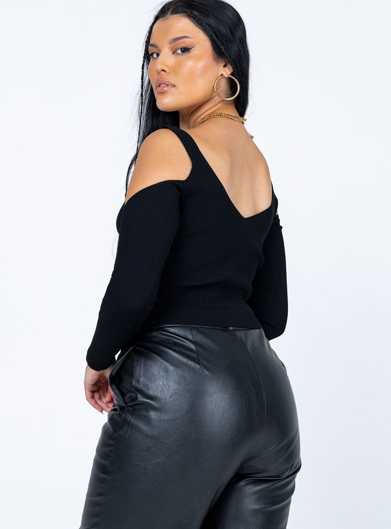 back view of model wearing Princess Polly Kadence Long Sleeve Top Black 