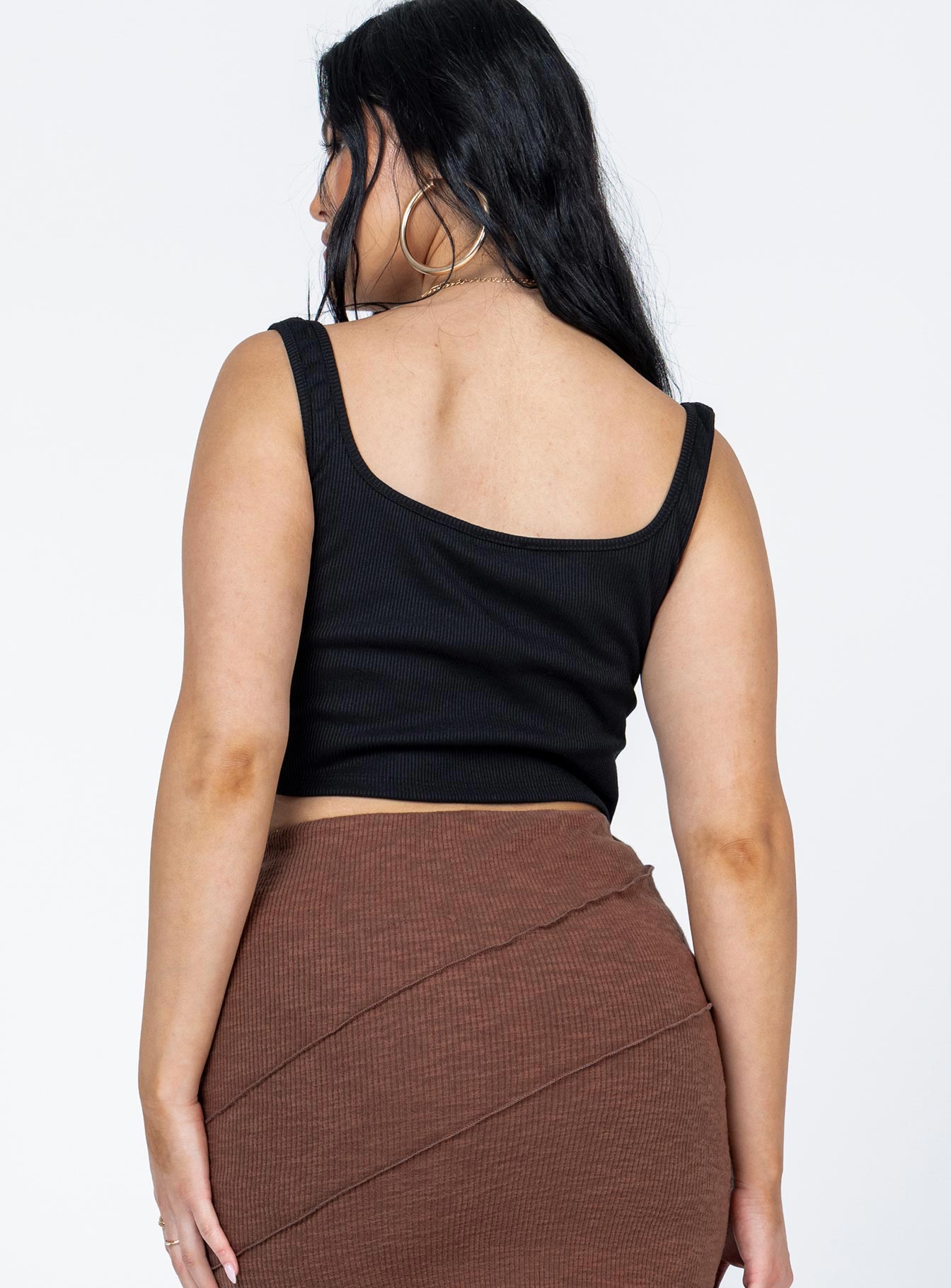 back view of model wearing Princess Polly Jace Top Black Sleeveless Square Neck 