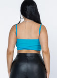 back view of model wearing Princess Polly Belara Top Blue Sleeveless Sweetheart 