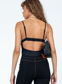 back view of model wearing Princess Polly Passion Bodysuit Black Sleeveless Sweetheart 