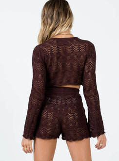 Matching set Sheer knit material  Long sleeve crop top Flared sleeves  High waisted shorts Elasticated waistband