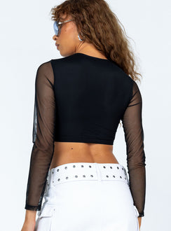 Front view of model wearing  front Princess Polly Full Sleeves Square Neck  Tracie Long Sleeve Top Black