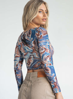 back view of model wearing Princess Polly Lucille Long Sleeve Top Blue / Brown 