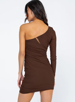 back view of model wearing Princess Polly Shia Asymmetrical Mini Dress Brown 