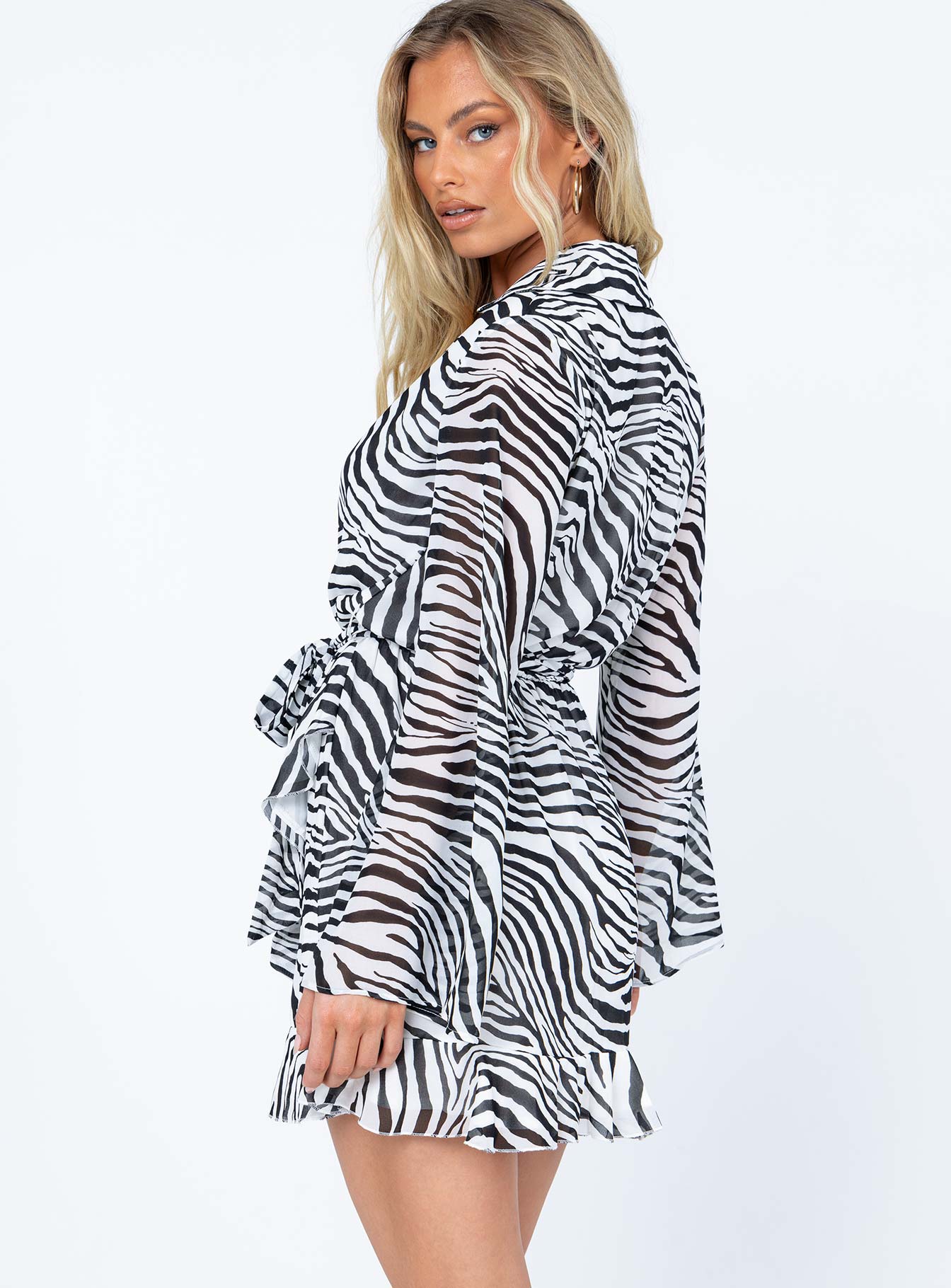 back view of model wearing Princess Polly Marty Long Sleeve Mini Dress Zebra 