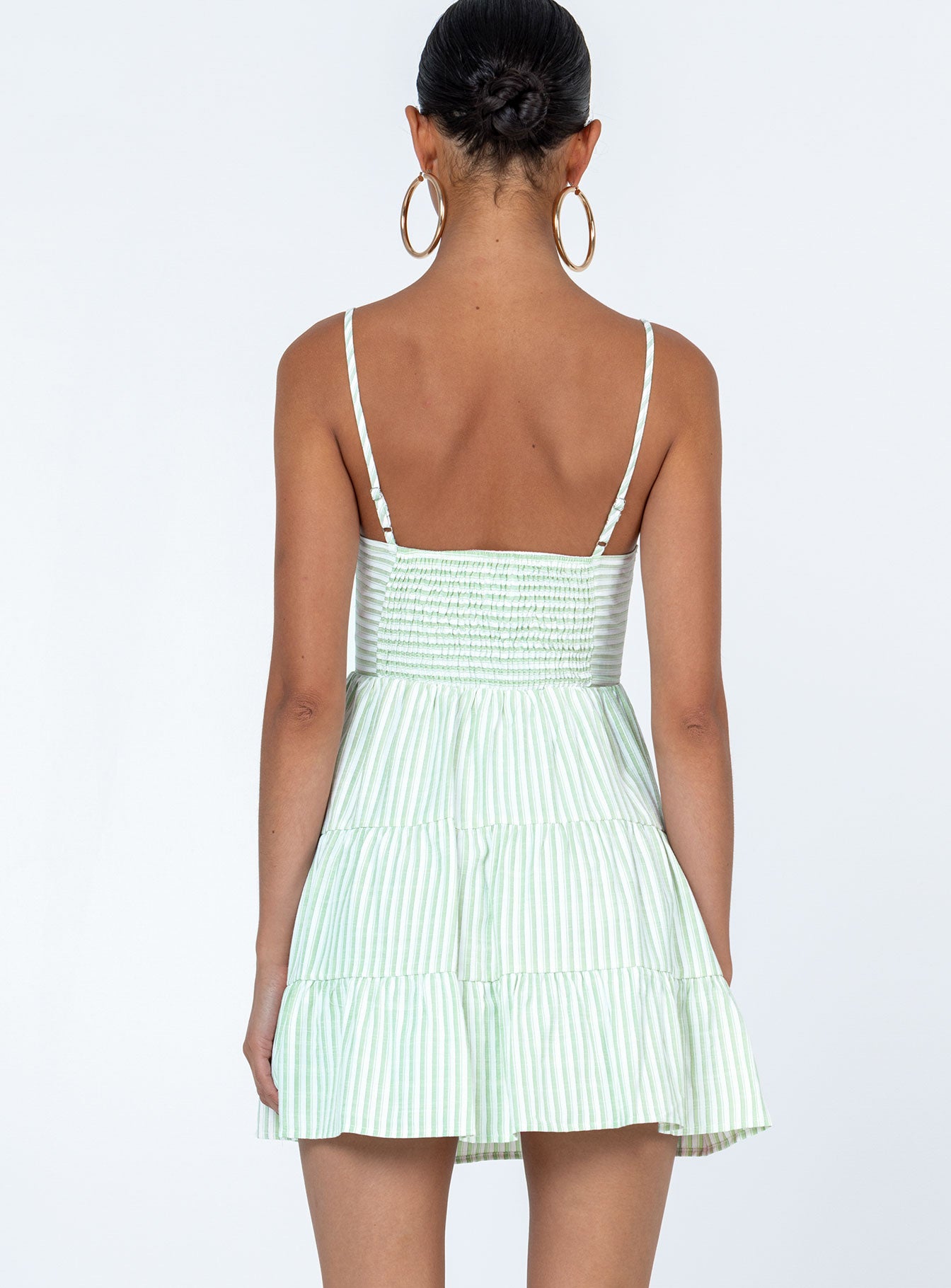 back view of model wearing Princess Polly Rise Up Mini Dress Green Square Neck 