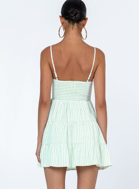 back view of model wearing Princess Polly Rise Up Mini Dress Green Square Neck 