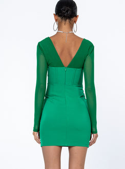 back view of model wearing Princess Polly Austin Long Sleeve Mini Dress Green Square Neck 
