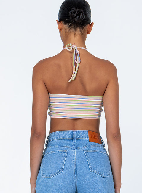 back view of model wearing Princess Polly Zoie Top Beige Stripe Sleeveless Plunger 