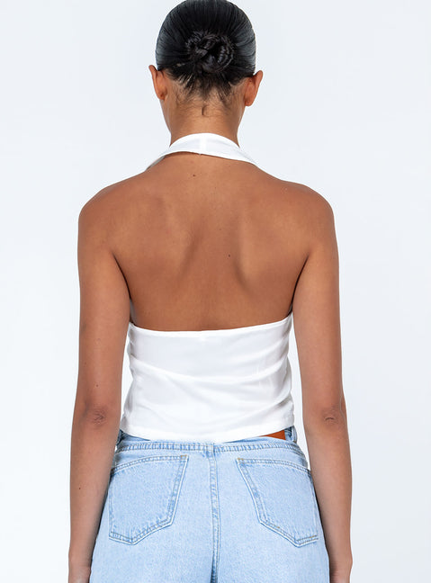 back view of model wearing Princess Polly Gilroy Top White Sleeveless Plunger 