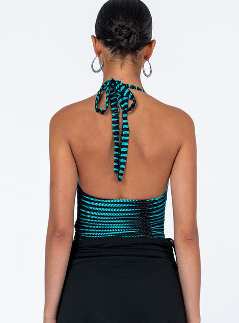back view of model wearing Princess Polly Denair Bodysuit Blue / Black Sleeveless Scoop Neck 