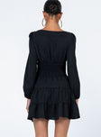 back view of model wearing Princess Polly Devante Mini Dress Black Square Neck 