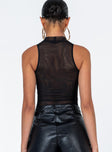 back view of model wearing Princess Polly Como Bodysuit Black Sleeveless High Neck 