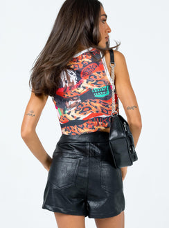 Booty shorts  Slim fitting  Princess Polly Exclusive 55% Rayon 45% PU Length of size US 4 waist to hem: 36cm / 14.1"   Faux leather material  V cut waist  Zip front fastening  Silver-toned eyelets - unlined  Belt looped waist  Four-pocket design 