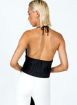 back view of model wearing Princess Polly Motel Dama Top Crinkle Black 