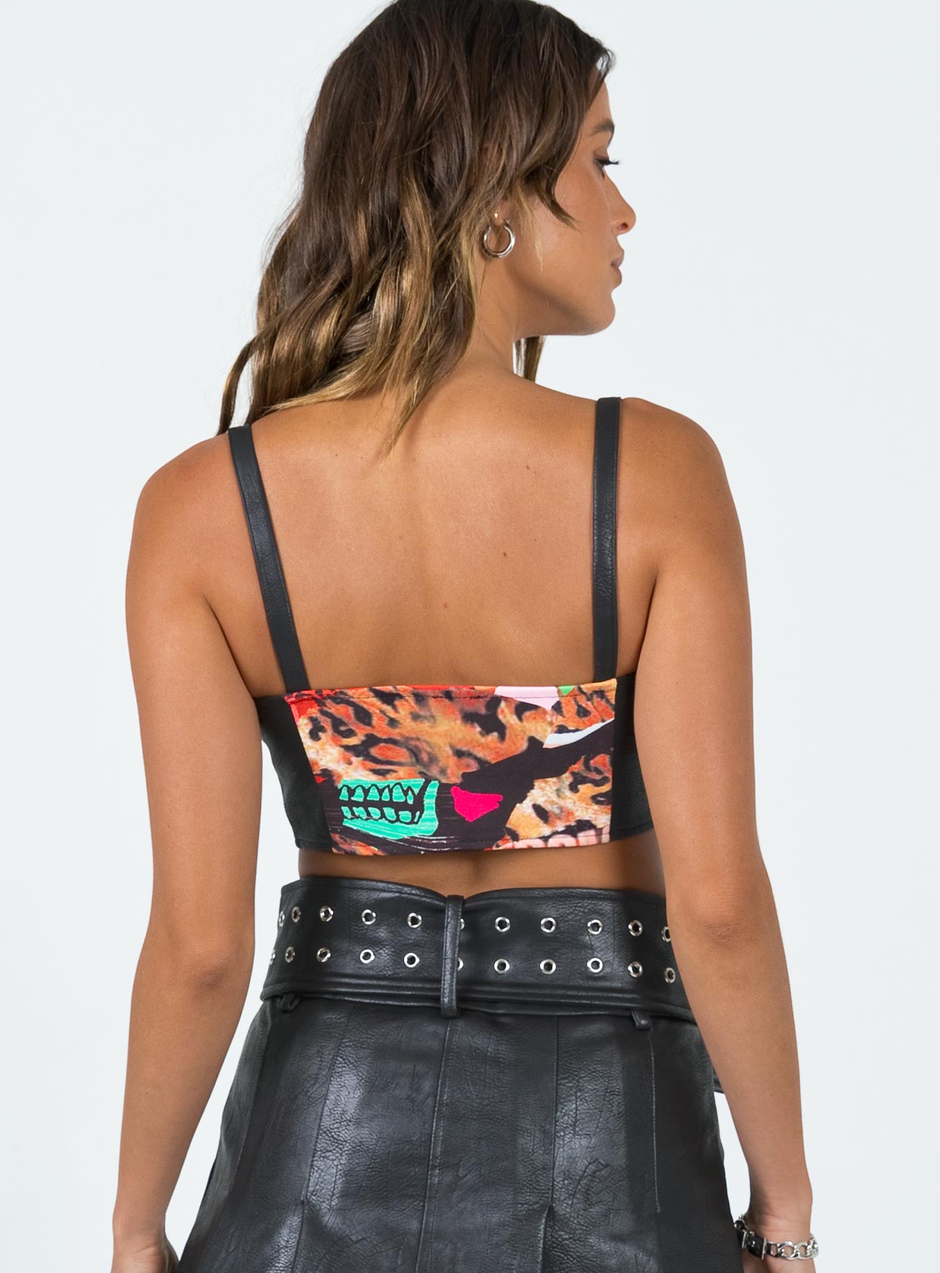 back view of model wearing Princess Polly Main Stage PU Crop Top Multi 