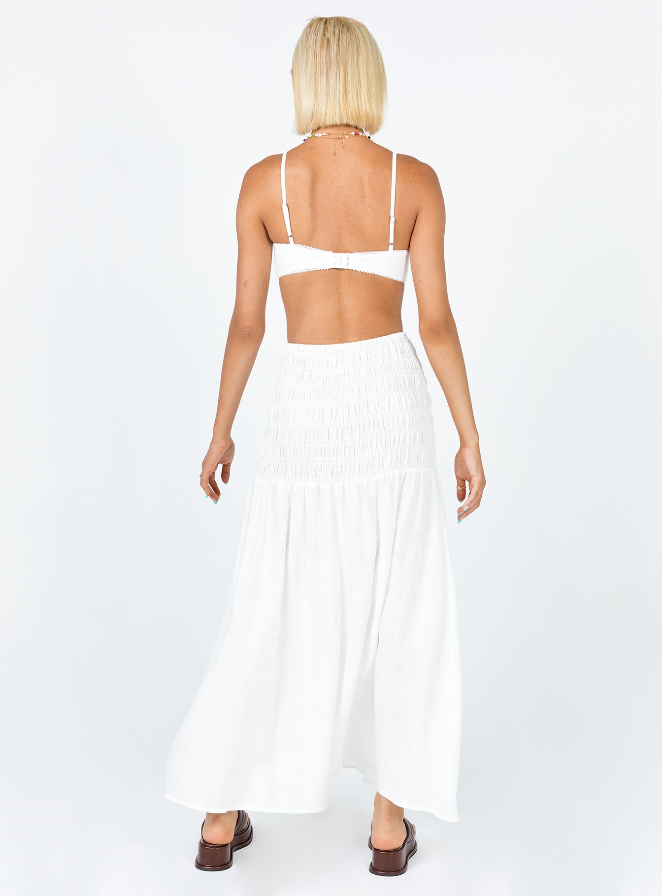 back view of model wearing Princess Polly Porto Maxi Skirt White Maxi 