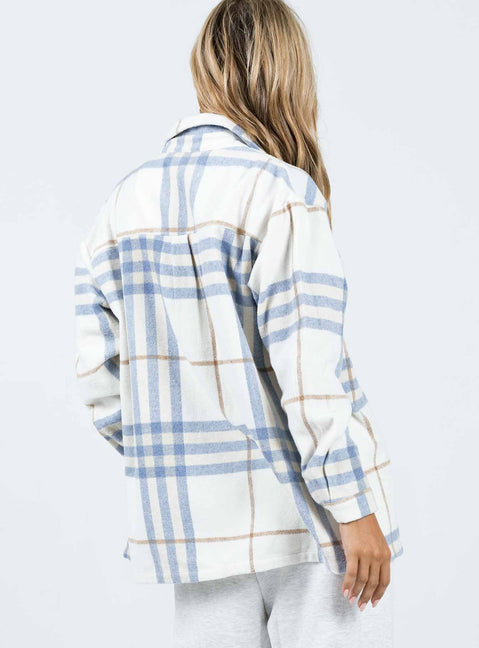 Oversized shirt Soft flannelette material Plaid print Button front fastening Twin chest pockets Single button cuff