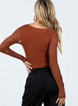 back view of model wearing Princess Polly Olas Bodysuit Terracotta Full Sleeves Sweetheart 