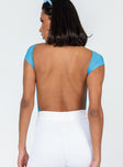 back view of model wearing Princess Polly Shila Bodysuit Blue Short Sleeves Boat Neck 