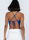 back view of model wearing Princess Polly Julia Plisse Top Blue Sleeveless Square Neck 