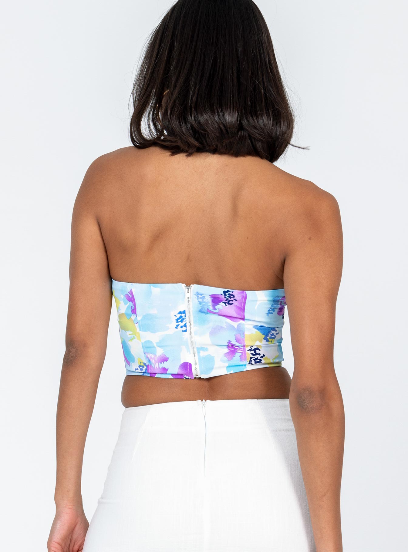 back view of model wearing Princess Polly Kianni Strapless Top Blue Sleeveless Sweetheart 